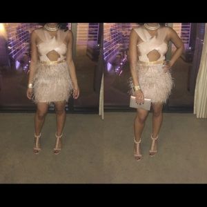 Nude/Gold Dress with Feathers